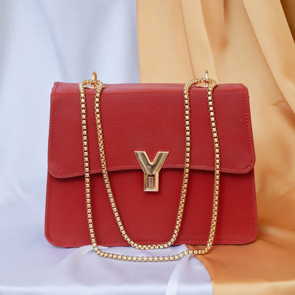 Elegant Red Shoulder Bag with Gold Chain and Signature Y Charm