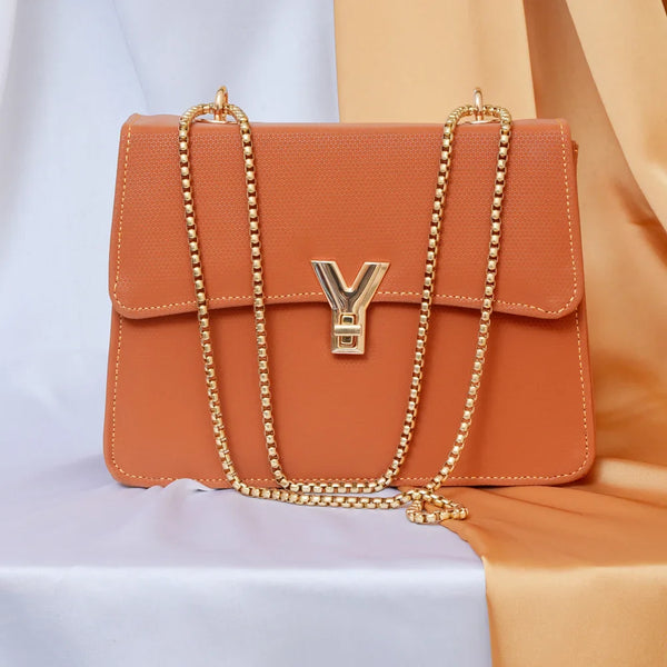 Elegant Brown Shoulder Bag with Gold Chain and Signature Y Charm