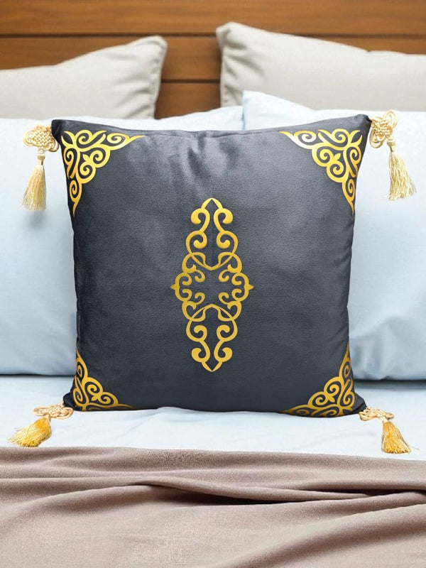 Velvet Cushion Cover with Corner Embroidery & Tassels – Charcoal Grey