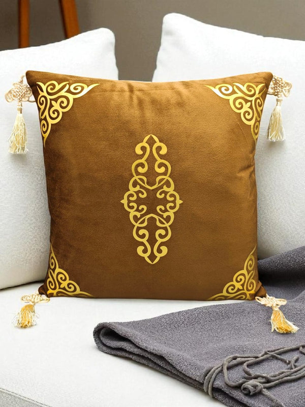 Velvet Cushion Cover with Corner Embroidery & Tassels – Gold Accent