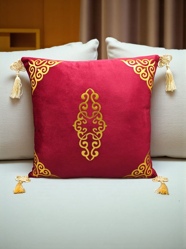 Velvet Cushion Cover with Corner Embroidery & Tassels – Maroon
