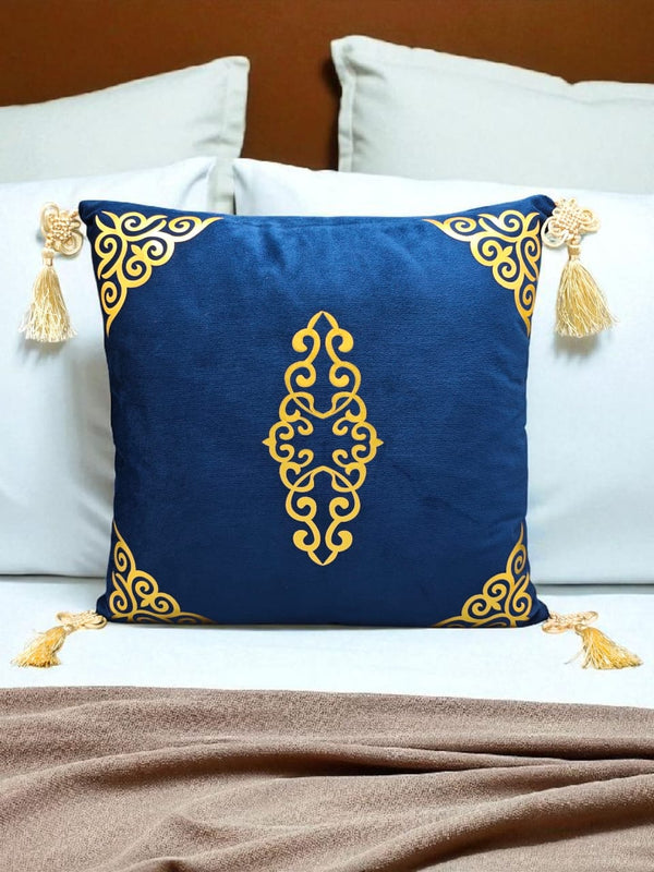 Velvet Cushion Cover with Corner Embroidery & Tassels – Royal Blue