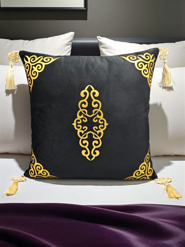 Velvet Cushion Cover with Corner Embroidery & Tassels – Luxury Black
