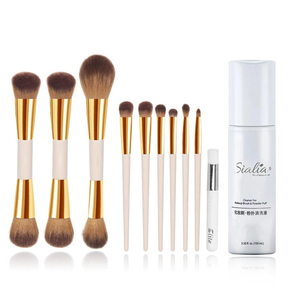10-Piece White & Gold Professional Makeup Brush Set + Free Sialia Brush Cleanser