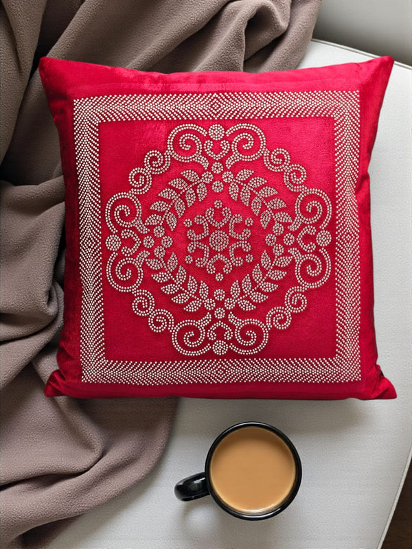 Velvet Embroidered Cushion Cover – Red Elegance