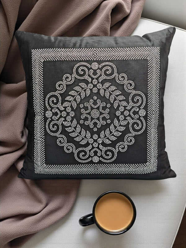 Velvet Embroidered Cushion Cover – Black Elegance