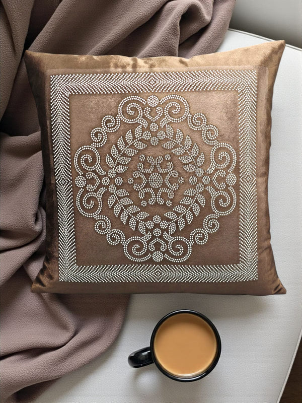 Velvet Embroidered Cushion Cover – Brown Elegance