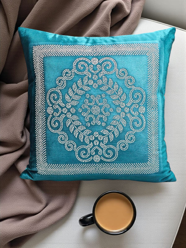 Velvet Embroidered Cushion Cover – Teal Blue