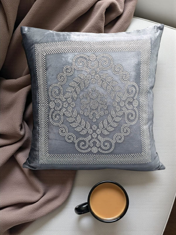 Velvet Embroidered Cushion Cover – Silver Grey